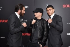 Jake Gyllenhaal, Eminem and Miguel Gomez attend the New York premiere of 'Southpaw' for THE WRAP at AMC Loews Lincoln Square on July 20, 2015 in New York City. 