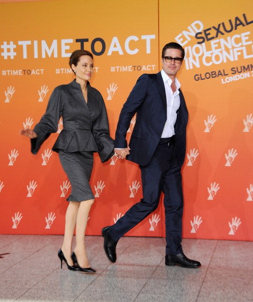UN Special Envoy and actress Angelina Jolie and Actor Brad Pitt attend the Global Summit to End Sexual Violence in Conflict at ExCel on June 13, 2014 in London, England.   