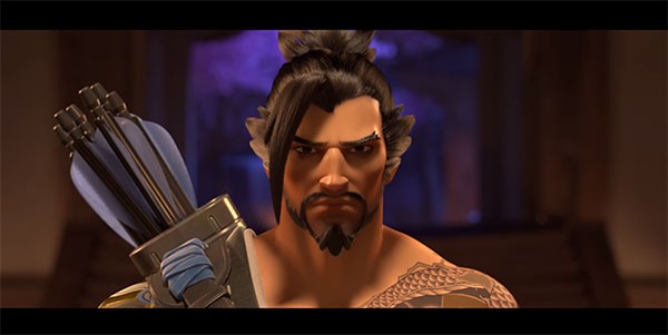 The "Overwatch" hero Hanzo looking at two samurai swords and a wall scroll in a large room.