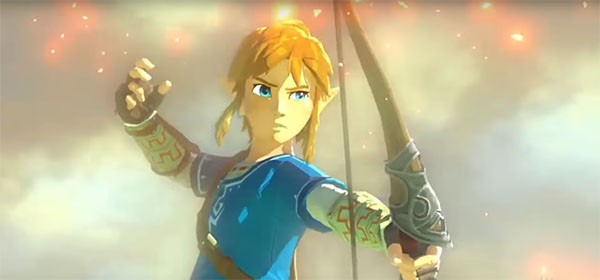 "The Legend of Zelda Wii U" hero Link fires a power arrow against an enemy in an intense battle.