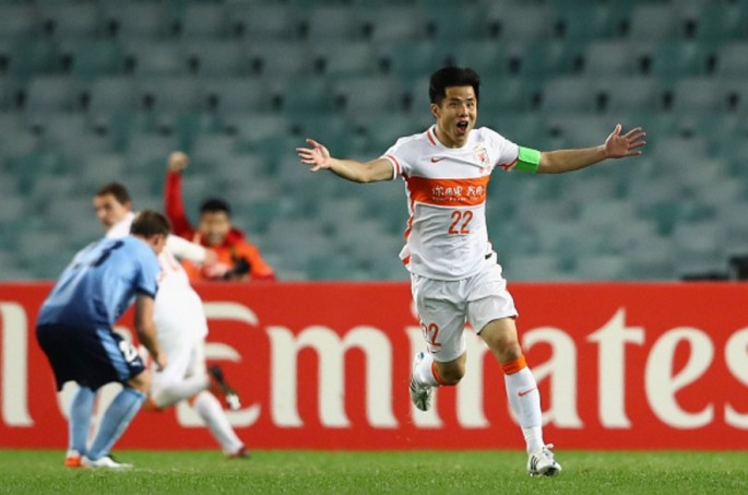 Shandong Luneng midfielder Hao Junmin celebrates scoring a goal against Sydney FC in their AFC Champions League duel.