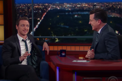 James McAvoy is being interviewed by Stephen Colbert in 
