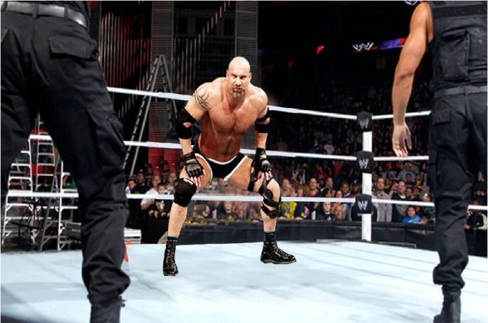 Goldberg getting ready to execute his signature move, The Spear.