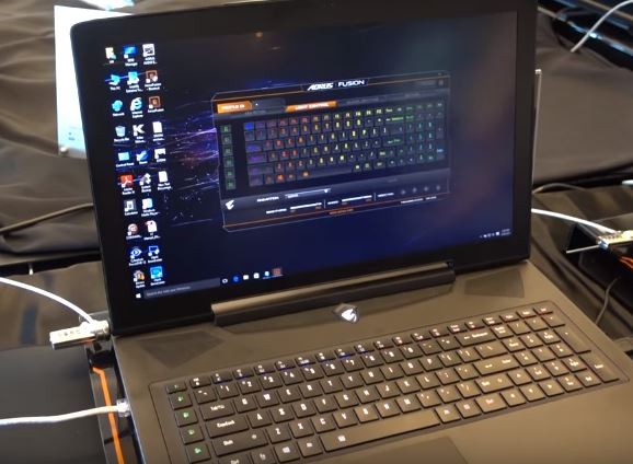 Aorus X7 Pro, which has two GTX 1080m cards in SLI and not the GTX 1080 or GTX 1070, sits on a table at Computex 2016
