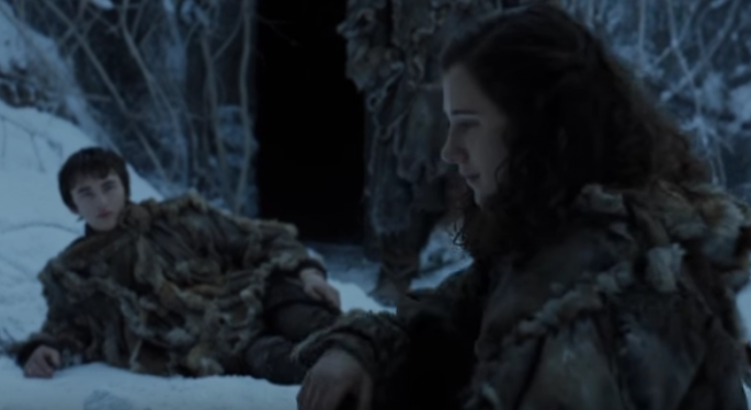 In a scene of "Game of Thrones," Bran Stark finds Meera Reed who still appears to be sad over the death of her brother.