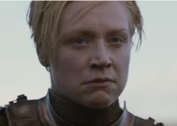 Swordswoman Brianne of Tarth (Gwendoline Christie) has just removed her headgear in a scene of "Game of Thrones." 