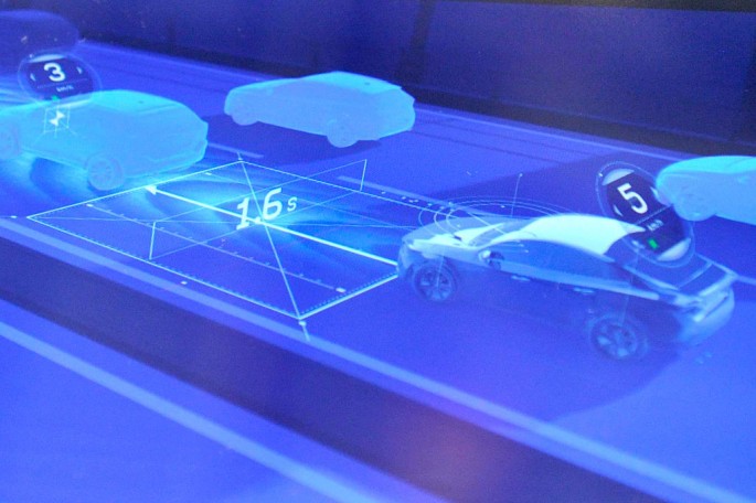 A Volvo pilot assist is shown during the Geneva Motor Show 2016.