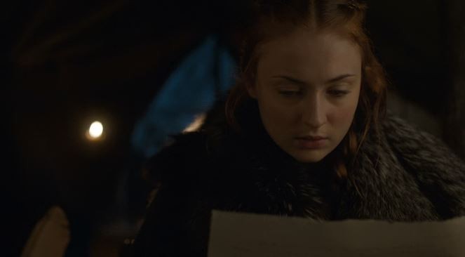  Sansa Stark goes behind Jon Snow’s back to  pen down a mysterious letter in "Game of Thrones" Season 6 episode 7, "The Broken Man."
