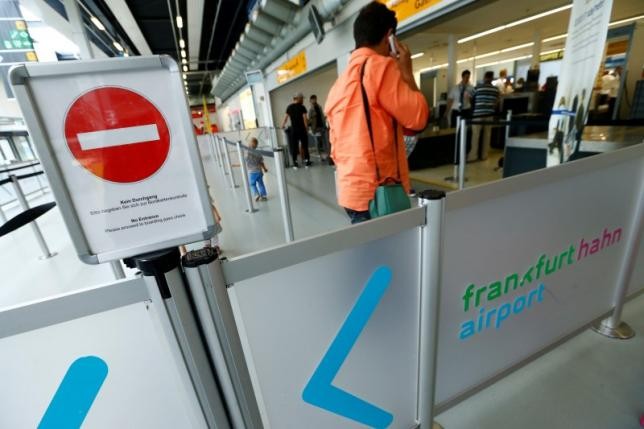 A "No Entrance" sign is pictured at Frankfurt Hahn airport 100 kilometers (60 miles) west of Frankfurt, Germany, June 6, 2016.