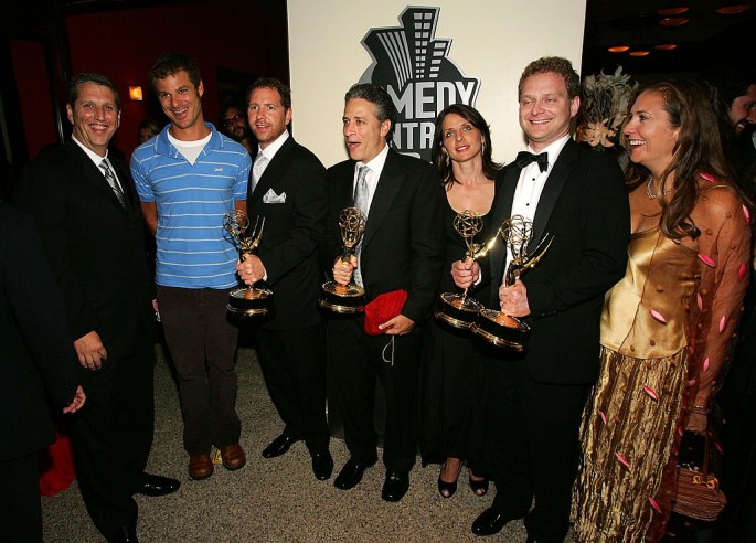 Trey Parker's 'South Park' co-creator Matt Stone pose with Doug Herzog, Ben Karlin, Jon Stewart, Michele Ganeless, David Javerbaum and Lauren Corrao at the Comedy Central Emmy after party in 2005 in Los Angeles, California. 