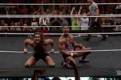 Chad Gable and Jason Jordan are fired up in their match against The Revival.