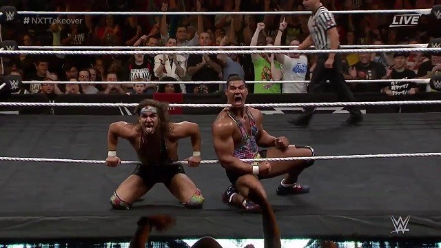 Chad Gable and Jason Jordan are fired up in their match against The Revival.