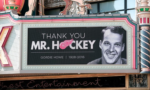 The marquis at the Fox Theater in Detroit, Michigan displays, "THANK YOU MR. HOCKEY" in honor of hockey legend Gordie Howe after he passed away on June 10, 2016.