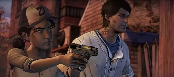 "The Walking Dead" season 3's Clementine and Javier fighting off zombies along the path they are taking.