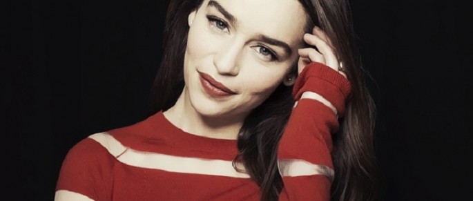 "Game of Thrones" star Emilia Clarke in a red stripped shirt