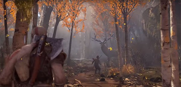 "God of War" protagonist Kratos and his son, Charlie, find a male deer to hunt down.