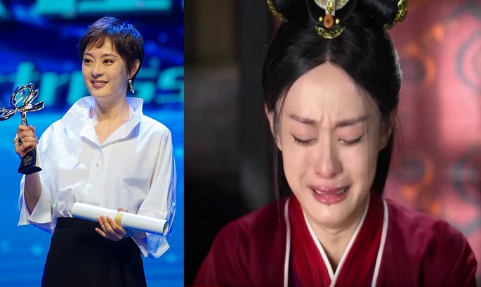 (L) Sun Li faces the audience holding her Best Actress trophy at the 22nd Shanghai TV Festival at the Shanghai Oriental Art Center on June 10. (R) Sun in one emotional scene in “Legend of Miyue.”