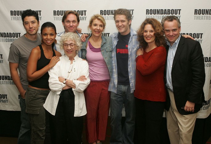 (L-R) Actors James Yaegashi, Susan Kelechi Watson, Richard Thomas, Ann Guilbert, Jill Clayburgh, Matthew Morrison, Leslie Ayvazian and director Doug Hughes pose for a photo before the rehearsals of the Rounabout Theatre Company's Broadway production of 'A