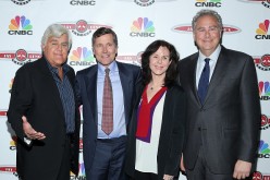 NBC CEO Steve Burke with Jay Leno (left), Mavis Leno (right) and CNBC's Mark Hoffman attend 'Jay Leno's Garage' launch party on Oct. 7, 2015 on New York City