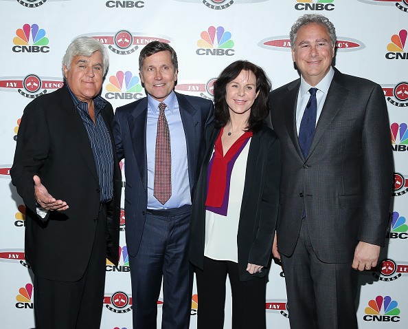 NBC CEO Steve Burke with Jay Leno (left), Mavis Leno (right) and CNBC's Mark Hoffman attend 'Jay Leno's Garage' launch party on Oct. 7, 2015 on New York City