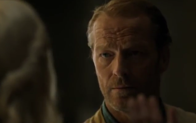 Jorah Mormont (Iain Glen) faces Daenerys Targaryen (Emilia Clarke) in a scene in "Game of Thrones."   