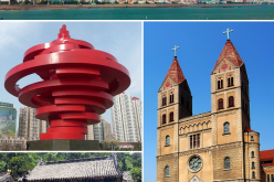 This collage shows some of Qingdao's notable landmarks (clockwise): Qingdao skyline, St. Michael's Cathedral, Qingdao harbor by night, a temple at the base of Mount Lao and May Fourth Square.
