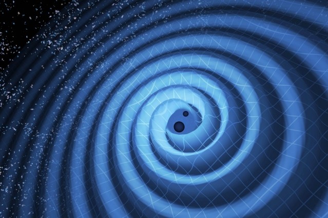 This is an illustration posted by the MIT that represents "the merger of two black holes and the gravitational waves that ripple outward as the black holes spiral toward each other."