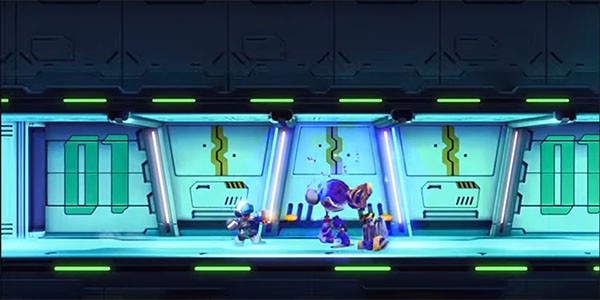 The "Mighty No. 9" protagonist dashes forth and shoots enemies to finish a stage.