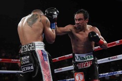Juan Manuel Marquez throws a right hand at Mike Alvarado at The Forum on May 17, 2014 in Inglewood, California.