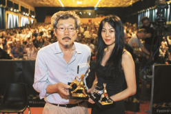 Film director Hong Sang Soo and actress Kim Jee Woon at the at the 68th Locarno International Film Festival.