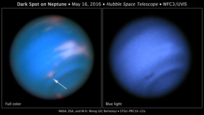 This new Hubble Space Telescope image confirms the presence of a dark vortex in the atmosphere of Neptune.