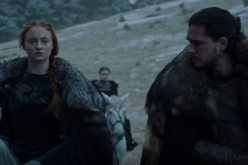 Sansa Stark (Sophie Turner) and Jon Snow (Kit Harington) wait for the approaching Ramsay Bolton (Iwan Rheon) in a scene of 