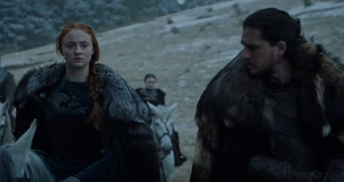 Sansa Stark (Sophie Turner) and Jon Snow (Kit Harington) wait for the approaching Ramsay Bolton (Iwan Rheon) in a scene of "Game of Thrones" season 6 episode 9, "Battle of the Bastards."   