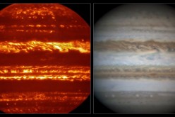 This view compares a lucky imaging view of Jupiter from VISIR (left) at infrared wavelengths with a very sharp amateur image in visible light from about the same time (right).