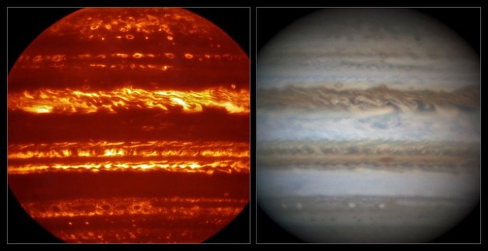 This view compares a lucky imaging view of Jupiter from VISIR (left) at infrared wavelengths with a very sharp amateur image in visible light from about the same time (right).