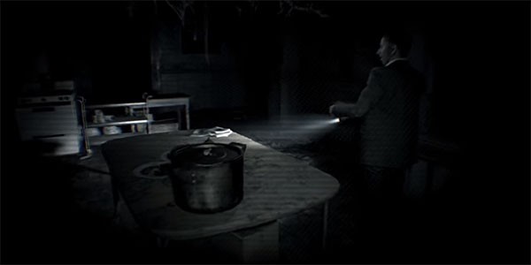 A "Resident Evil 7 Biohazard" character investigates the items on the dirty table in the mysterious house.
