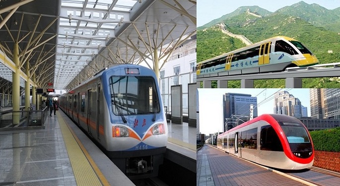 (Clockwise) A metro/rapid transit running the Beijing Subway Line 13, a medium and low-speed EMS magnetic levitation (maglev) train and a low-floor light rail vehicle manufactured by CRRC Tangshan.