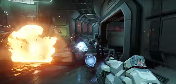 "Doom" protagonist fires his plasma rifle at demons to get through this difficult level.