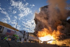 The second and final qualification motor (QM-2) test for the Space Launch System’s booster is seen, Tuesday, June 28, 2016, at Orbital ATK Propulsion Systems test facilities in Promontory, Utah.