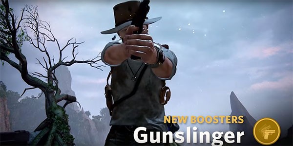 An "Uncharted 4" character uses the booster called Gunslinger to fire a quicker shot against an enemy.