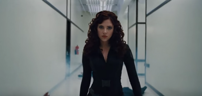 Black Widow (Scarlett Johansson) fights and subdues several men in an "Iron Man 2" scene.  