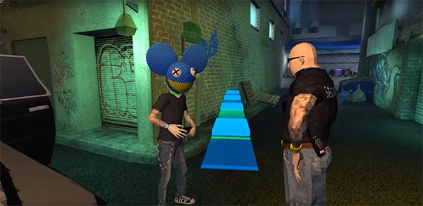 "Absolut Deadmau5" protagonist Deadmau5 challenges a security guard to a rhythm dance minigame.