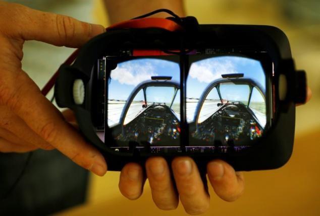 A virtual reality headset used in flight testing is shown in an exhibit in the U.S.