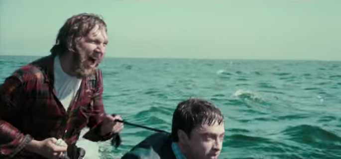 Paul Dano's character rides Daniel Radcliffe's corpse-like jet ski in "Swiss Army Man." 