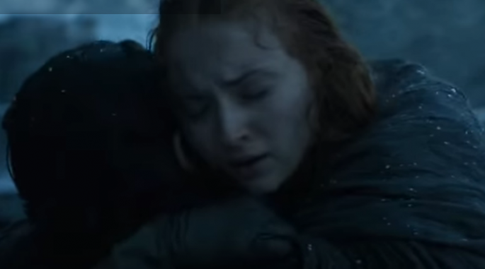 Sansa Stark (Sophie Tuner) reunites with her known half-brother Jon Snow (Kit Harington) in a scene in "Game of Thrones" season 6.   