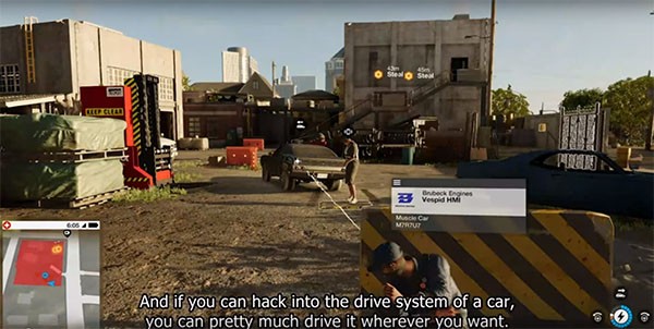 "Watch Dogs 2" protagonist hides behind a concrete traffic barrier while hacking an enemy's vehicle.