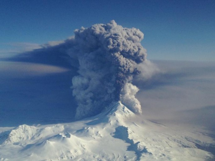  A spectacular view to the northeast of the Pavlof eruption taken at 20,000 feet, by the U.S. Coast Guard.