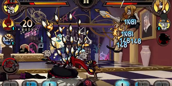 "Skullgirls" character Peacock Untouchable hits Princess Pride Parasoul with numerous projectiles, resulting in lowering the opponent's health.