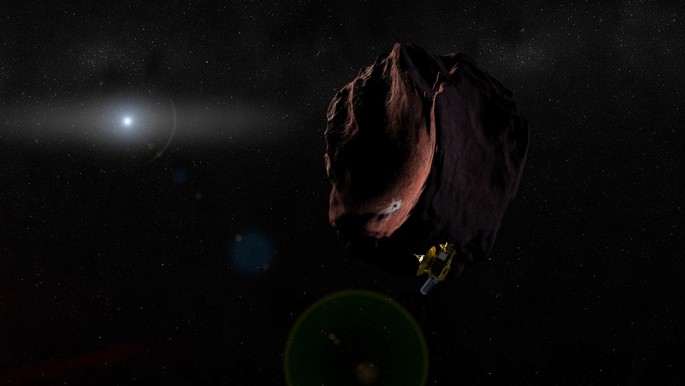 Artist's impression of NASA's New Horizons spacecraft encountering a Pluto-like object in the distant Kuiper Belt.