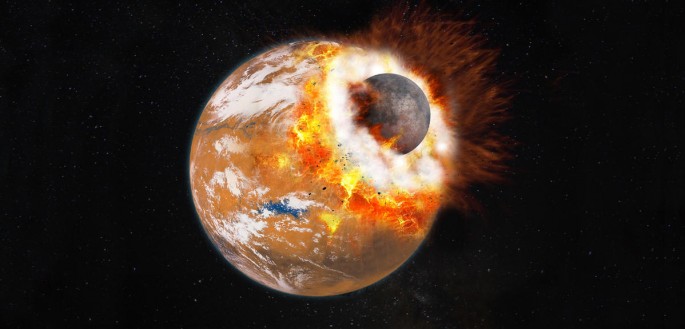 Artist's impression of the giant impact that would have given birth to Phobos and Deimos. The colliding object is about 1/3 the size of Mars—which at the time may have had a thicker atmosphere and water on its surface. 